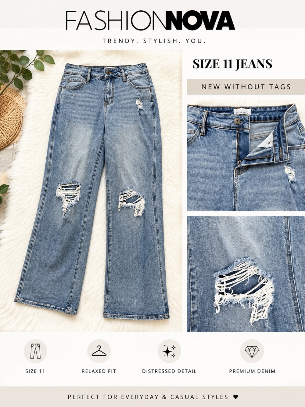 Fashion Nova Distressed Wide Leg Jeans Size 11 New Without Tags NWOT